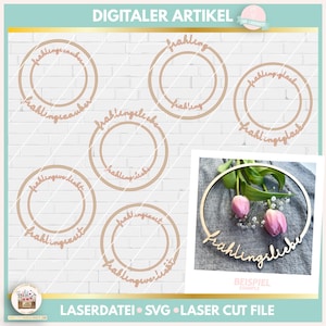 May include: A digital download of five different SVG files for laser cutting. Each file features a circular design with the text "Frühling" (German for "Spring") in a decorative script font. The designs are perfect for creating spring-themed crafts.