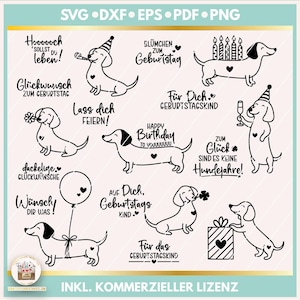 Puede incluir: Una impresión de arte digital con ilustraciones de perros salchicha en blanco y negro con texto temático de cumpleaños. Los diseños incluyen perros salchicha con sombreros de fiesta, globos y regalos.