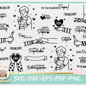 May include: A set of 16 black and white digital cut files for Father's Day. The files feature various designs with the words "Papa", "Lieblingspapi", "Vatertag", "Papatag", and more. The designs are perfect for creating personalised gifts, cards, and decorations.