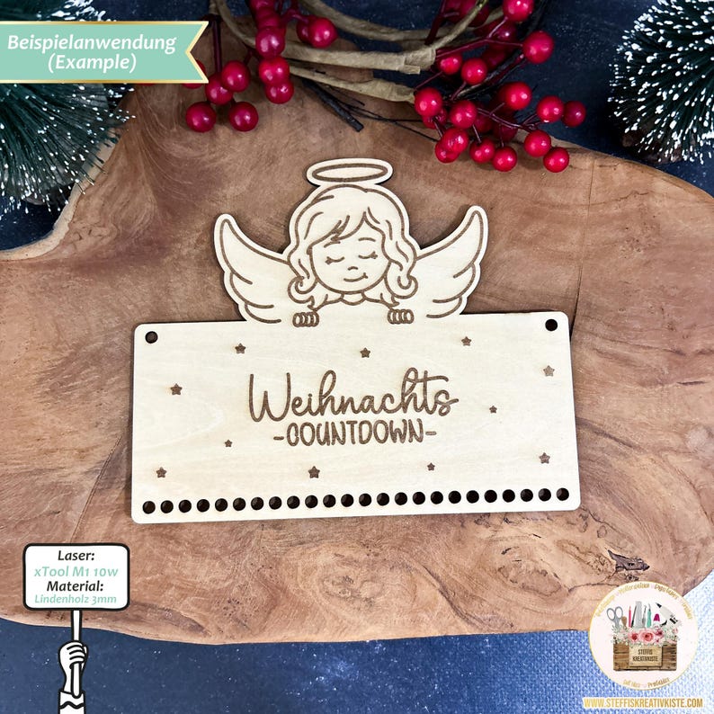 May include: A wooden Christmas countdown plaque with a small angel figure at the top. The plaque has the text "Weihnachts -COUNTDOWN- " and 24 small circles for counting down the days until Christmas.