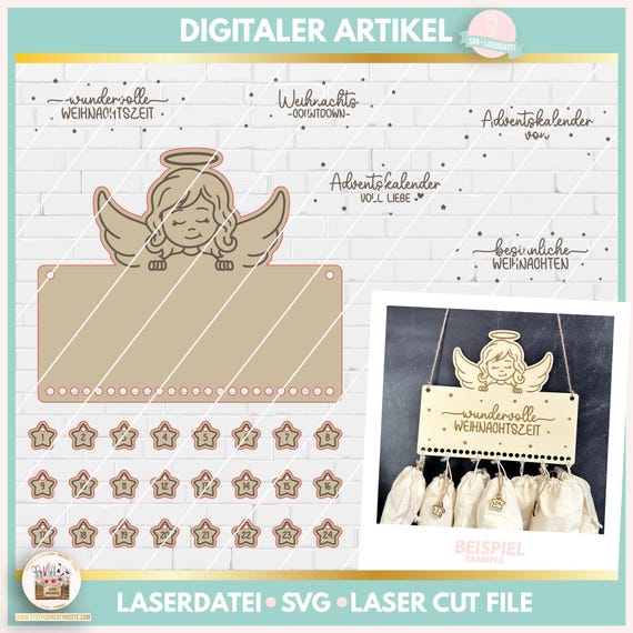 Laserdatei Adventskalender Christkind SVG, Laserdatei Adventskalenderzahlen SVG, Laserdatei Weihnachten, Laser Cut Adventskalender Engel SVG