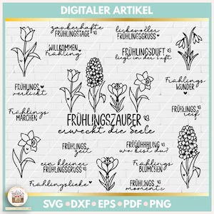 Plotterdatei Frühling Frühlingsblumen SVG, Hyazinthe Tulpe Osterglocke SVG, Laserdatei Frühling, Frühling deutsche Sprüche, gewerblich