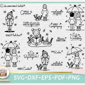 Könnte beinhalten: Ein Set mit 10 schwarzen und weißen digitalen Schnittdateien mit herbstlichen Illustrationen. Die Illustrationen zeigen ein Mädchen mit einem Regenschirm, ein Mädchen, das ein Buch liest, ein Mädchen mit einer Tasse Kaffee und ein Mädchen mit einem Kürbis. Der Text in den Bildern lautet "Herbst", "Herbst Madchen", "Herbst Zauber", "Herbst Liebe", "Zeit fur einen Neuanfang", "kleines Dankeschön", "wundervolle Herbstmomente", "Herbst Spaziergang", "Herbst Grüße" und "Herbst ist, wenn die Bäume mit Konfetti werfen".