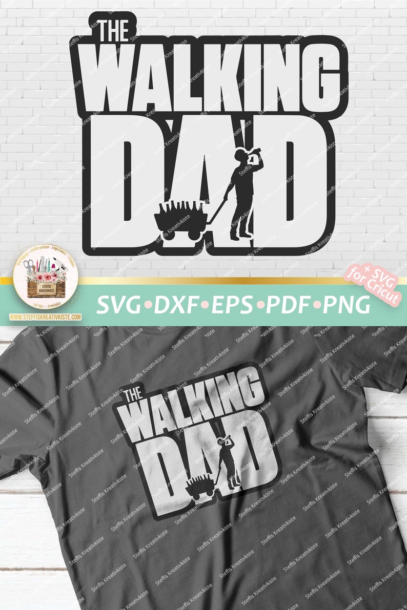 Op de afbeelding: Een zwart-wit grafisch ontwerp met de tekst "The Walking Dad" in een vet lettertype. De afbeelding toont een silhouet van een persoon die een kar duwt met een koelbox vol drankjes.