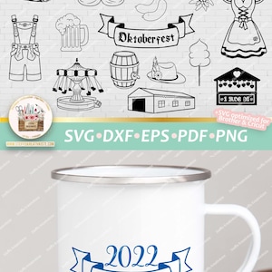 Pu&ograve; includere: Illustrazioni in bianco e nero a linea di vari oggetti a tema Oktoberfest, tra cui un pretzel, una boccale di birra, una ruota panoramica, un dirndl, una botte, un cappello e un cuore di pan di zenzero con la parola "Bussi" su di esso. Il testo "Oktoberfest" &egrave; scritto su uno stendardo. L'anno 2022 &egrave; scritto su uno stendardo con il testo "Oktoberfest".