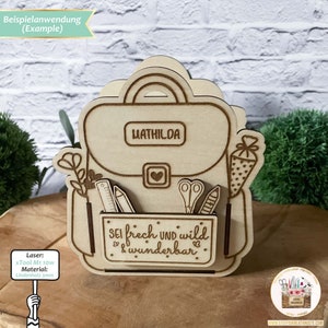 May include: A wooden cutout of a backpack with the name "MATHILDA" on the front. The backpack has a pocket with the text "SEI frech UND wild & wunderbar" on it. The backpack is made of 3mm linden wood and was cut with a xTool M1 10W laser.