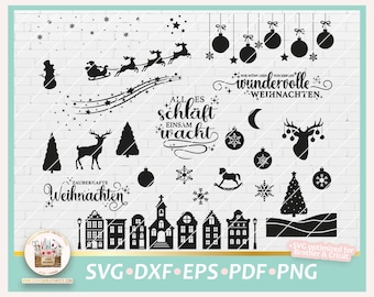 Puede incluir: Elementos de diseño digital en blanco y negro para Navidad. Los diseños incluyen un muñeco de nieve, un reno, un árbol de Navidad, un caballo de balancín, una luna creciente, estrellas, copos de nieve y un paisaje urbano. El texto de la imagen dice "Zauberhafte Weihnachten", "alles schläft einsam wacht", y "wundervolle Weihnachten".