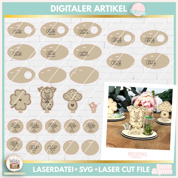 Laserdatei Neujahr Gastgeschenk und Mitbringsel SVG, Tischdekoration Neujahr und Silvester SVG, Laserdatei Glück, Glücksbringer SVG