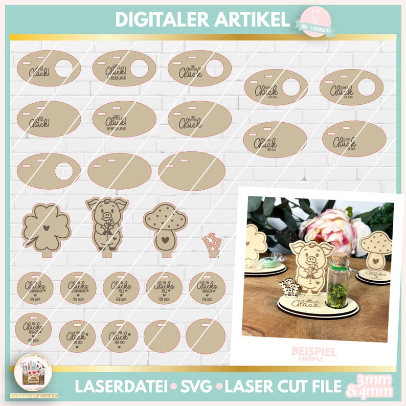 May include: A digital download of laser cut files for a variety of shapes and designs, including a clover, a pig, a mushroom, and a flower. The files are designed for use with a laser cutter and can be used to create a variety of crafts and decorations. The text "DIGITALER ARTIKEL" is visible at the top of the image. The text "LASERDATEI SVG LASER CUT FILE" is visible at the bottom of the image.