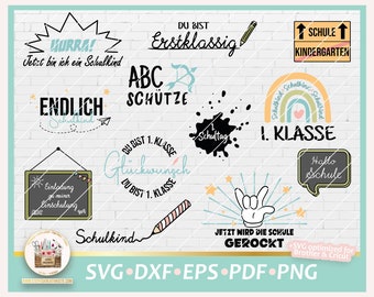 Pode incluir: Um conjunto de 10 arquivos de corte digital coloridos para artesanato. Os arquivos incluem frases como "Hurra! Jetzt bin ich ein Schulkind" e "Endlich Schulkind" em alemão. Os arquivos também incluem imagens de um arco-íris, um lápis, um quadro-negro e uma mão fazendo um sinal de rock and roll. Os arquivos são otimizados para uso com máquinas de corte Cricut e Brother.