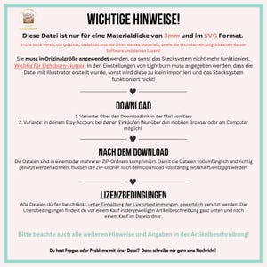 May include: A green and white illustrated guide with the text "WICHTIGE HINWEISE!"  This file is only for a material thickness of 3mm and in SVG format.  It includes instructions for downloading and using the file, as well as licensing information.