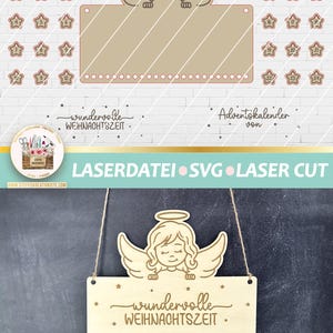 May include: A wooden Christmas advent calendar with a hanging angel and the text "wundervolle Weihnachtszeit". The calendar has 24 numbered pouches for treats.