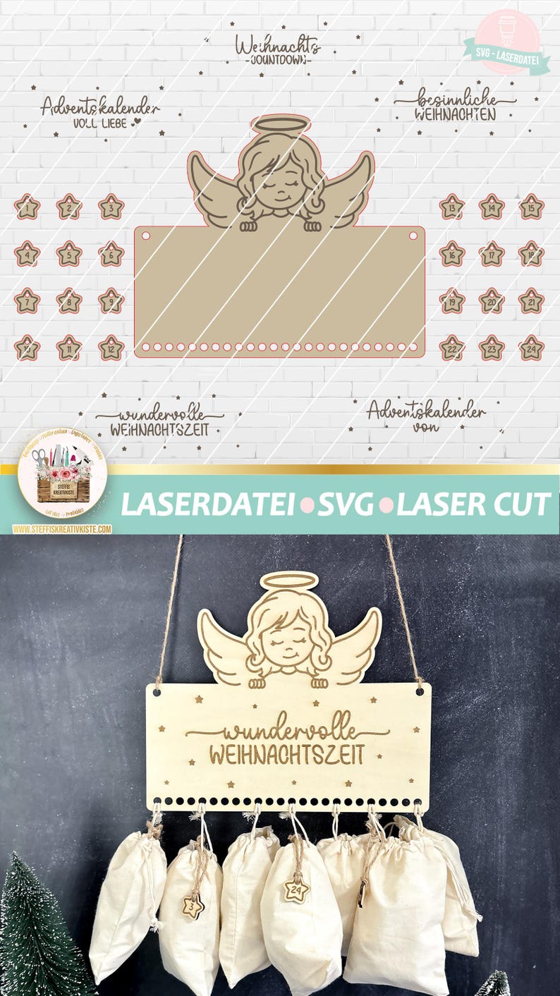 May include: A wooden Christmas advent calendar with a hanging angel and the text "wundervolle Weihnachtszeit". The calendar has 24 numbered pouches for treats.