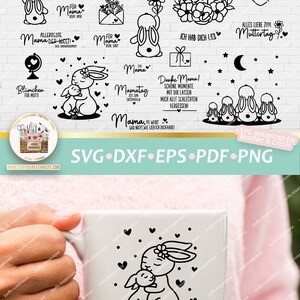 May include: A set of 12 black and white SVG cut files featuring bunnies and the text "Mutti ist die allerbeste!" (Mom is the best!). The designs include bunnies holding hearts, flowers, and text. The designs are perfect for creating personalized gifts for Mother's Day or any occasion.