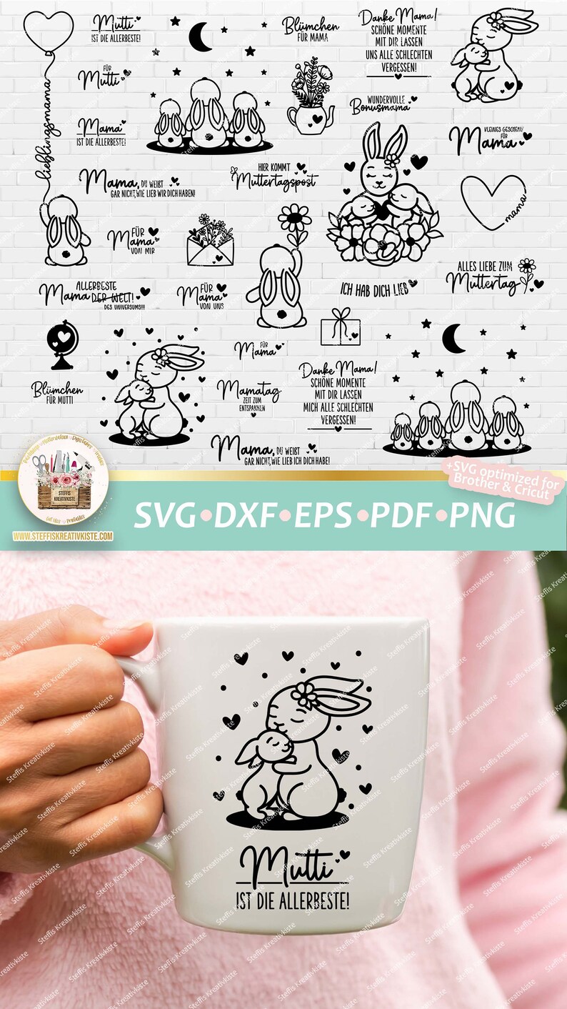May include: A set of 12 black and white SVG cut files featuring bunnies and the text "Mutti ist die allerbeste!" (Mom is the best!). The designs include bunnies holding hearts, flowers, and text. The designs are perfect for creating personalized gifts for Mother's Day or any occasion.