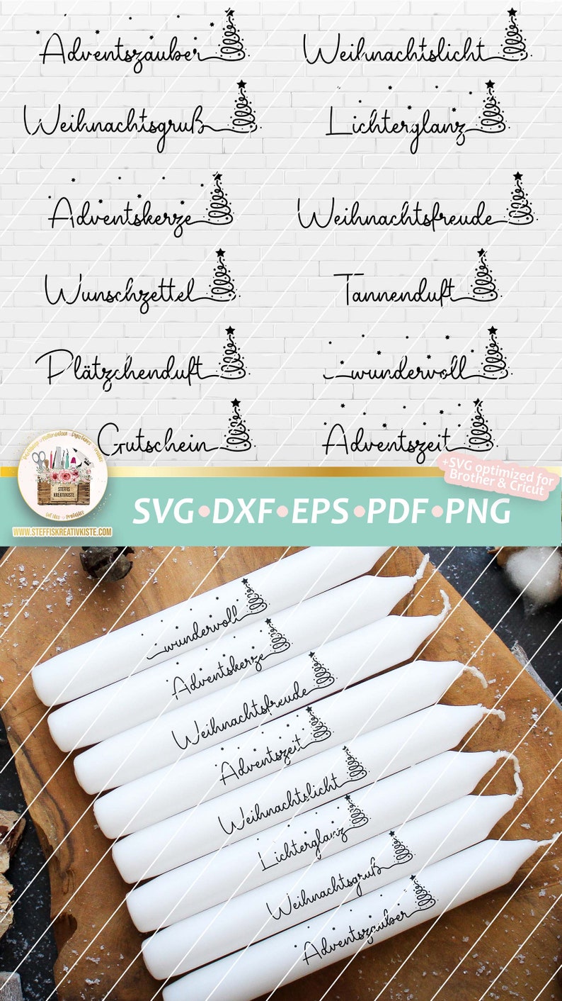 Może przedstawiać: Osiem białych świec z czarnym tekstem i małym wzorem choinki. Tekst na świecach brzmi: "Adventszauber", "Weihnachtslicht", "Weihnachtsgruh", "Lichterglanz", "Adventskerze", "Weihnachtsfreude", "Wunschzettel", "Tannenduft", "Pl&auml;tzchenduft", "wunderwoll", "Grutschein", "Adventszeit".