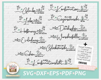 May include: A set of 10 black and white SVG cut files featuring various phrases related to confirmation, including "Glaube", "Liebe", "Hoffnung", "Einladung", "Schon", "Konfirmation", "Segenswünsche", "Dankeschön", "Wunscherfüllen", and "Glückwünsche". Each phrase is accompanied by a small dove and a paper boat.