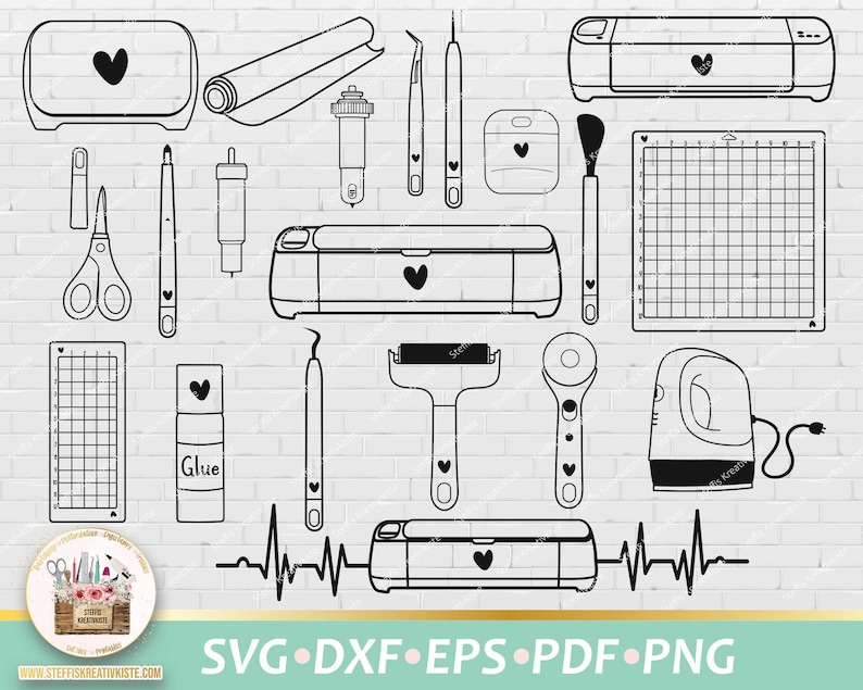 Pu&ograve; includere: Illustrazione in bianco e nero di linee di strumenti e forniture per l'artigianato con una macchina da taglio Cricut. L'immagine include una macchina Cricut, un tappetino da taglio, strumenti di diserbo, forbici, una pressa a caldo, vinile e colla. Il testo "SVG - DXF - EPS - PDF - PNG" &egrave; nella parte inferiore dell'immagine.