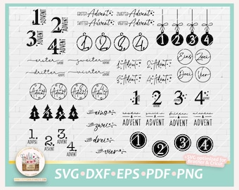 May include: Black and white digital design elements for crafting projects. The design includes numbers 1 through 4, the word "Advent" and the German words "Erster Advent", "Zweiter Advent", "Dritter Advent", "Vierter Advent", "Eins", "Zwei", "Drei", "Vier", "erster", "zweiter", "dritter", "vierter".