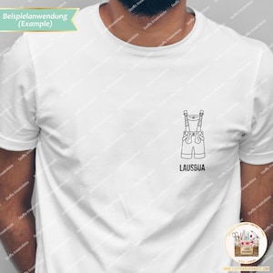 Pu&ograve; includere: Maglietta bianca con un disegno a linea nera di pantaloni di pelle e il testo "LAUSBUA" stampato sul davanti.