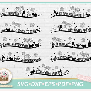 May include: A set of 10 black and white digital cut files featuring gnomes, pigs, fireworks, and New Year's greetings in German. The greetings include "Prosit Neujahr!" and "Frohes Neues Jahr!"
