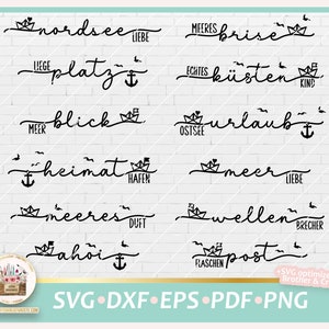 Pode incluir: Um conjunto de 10 arquivos de corte SVG em preto e branco com frases náuticas em alemão. As frases incluem "Nordsee Liebe", "Liege Platz", "Echtes Küsten Kind", "Meer Blick", "Heimat Hafen", "Meer Liebe", "Meeres Duft", "Wellen Brecher", "Flaschen Post" e "Lahoi".