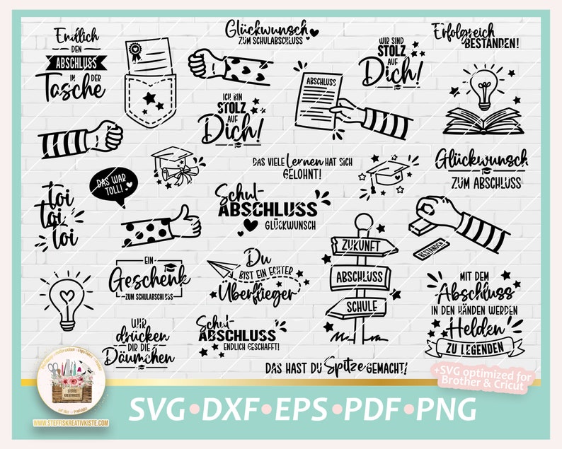 May include: A set of 20 black and white graduation SVG cut files. The designs include phrases like "Gl&uuml;ckwunsch zum Schulabschluss" (Congratulations on your graduation), "Abschluss" (Graduation), "Du bist ein echter &Uuml;berflieger" (You are a real high-flyer), and "Mit dem Abschluss in den H&auml;nden werden Helden" (With graduation in hand, heroes are made).