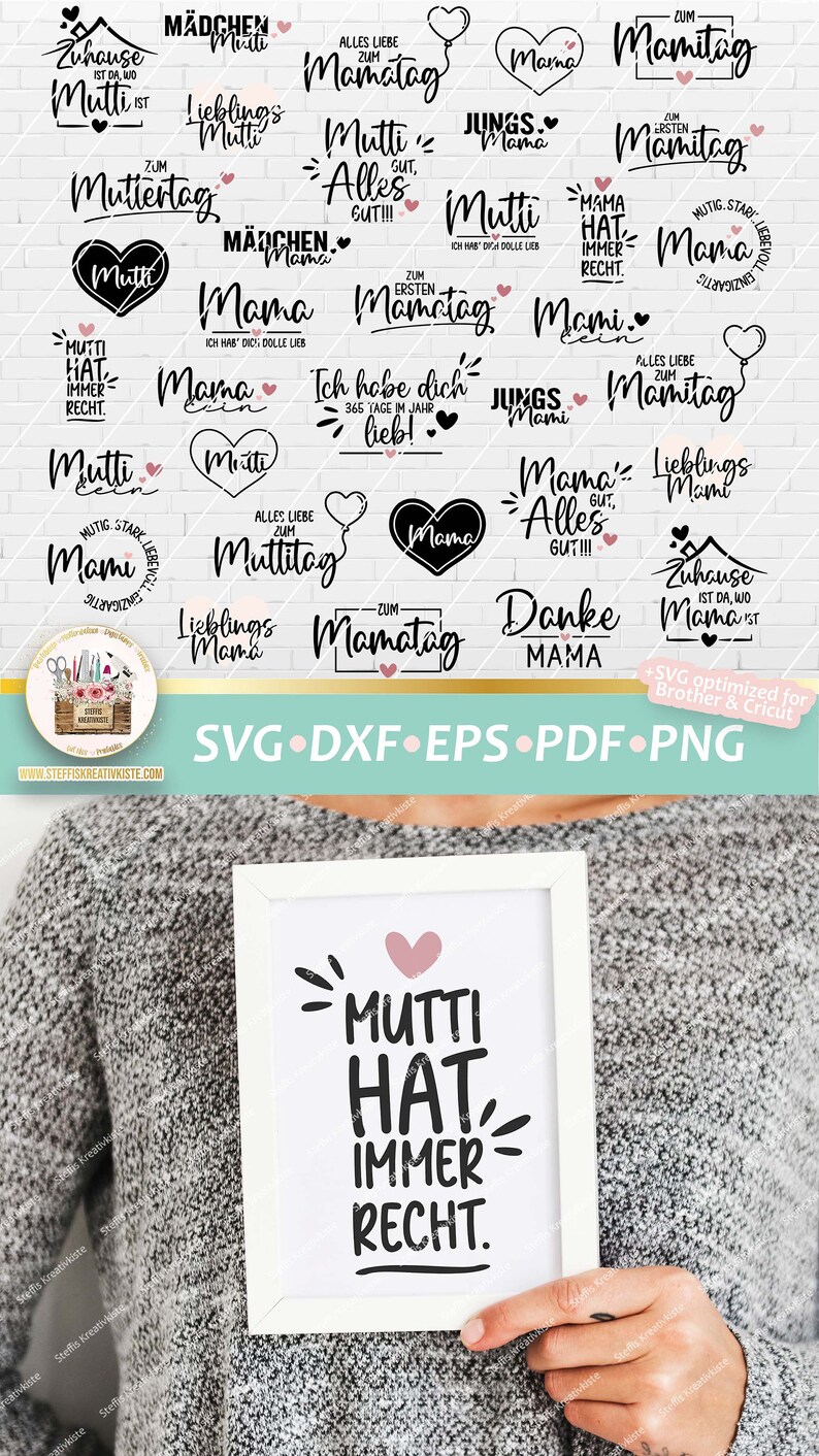 K&ouml;nnte beinhalten: Ein Set mit 20 druckbaren SVG-Schnittdateien mit verschiedenen Designs mit dem Wort "Mutti" und Variationen des Wortes "Mama" auf Deutsch. Die Designs beinhalten S&auml;tze wie "Mutti hat immer Recht" und "Lieblings Mama".