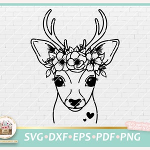 Plotterdatei Reh mit Blumenkrone SVG, Plotterdatei Hirsch, Reh SVG, Reh Outline, Plotterdatei Herbst, Plotterdatei Winter, Reh Blumenkranz