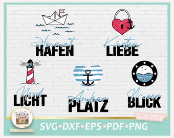 Bundle Plotterdatei deutsche Sprüche maritim Svg Dxf Png, SVG Ankerplatz Meerblick Küstenliebe Heimathafen Nordlicht, Svg maritim gewerblich