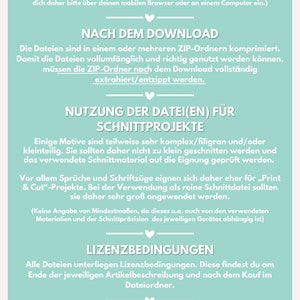 May include: A light blue and white illustrated guide with the text "Bitte Beachten!" in pink. The guide provides instructions for downloading, using, and licensing digital craft files. It also includes a small illustration of a sewing box with scissors and other craft supplies.