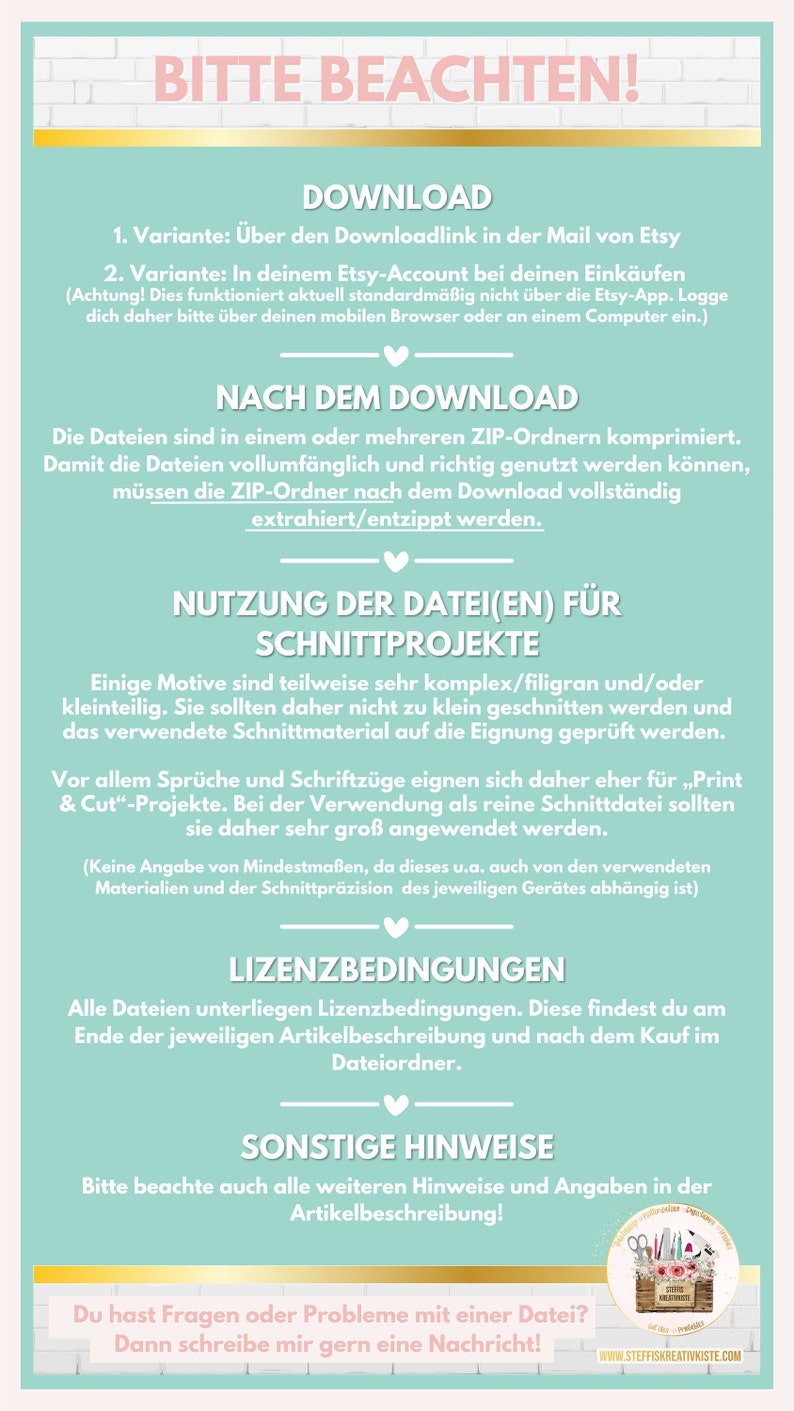 May include: A light blue and white illustrated guide with the text "Bitte Beachten!" in pink. The guide provides instructions for downloading, using, and licensing digital craft files. It also includes a small illustration of a sewing box with scissors and other craft supplies.