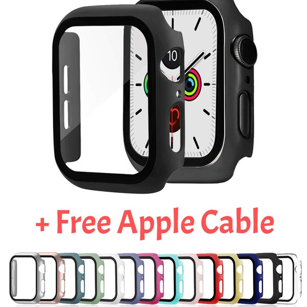 Customized Color Apple Watch SE 8 7 6 5 4 3 2 1 Series 45 44 42 41 40 38mm Tempered Glass Screen Case Full Cover Charger + Free Apple Cable