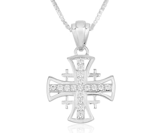 Jerusalem Cross Silver Pendant, 925 Sterling Silver zircon stone, Christian Pendant, Cross Silver Chains, Jerusalem Jewelry Gift