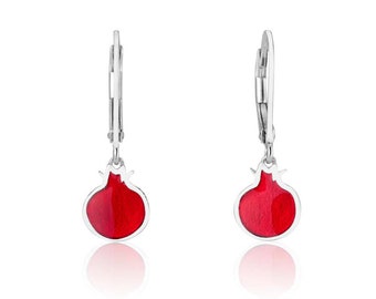 Silver Pomegranate Earrings, 925 Sterling Silver Earrings, Red Enamel Earrings, Jewish Drop Earrings, Israel Jewelry Gift