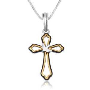 Cross Dove Gold Plated Pendant Silver Christian Embellished Jewelry with a Chain Made of 925 Sterling Silver Holy Land