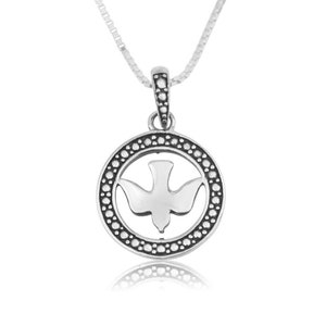 Round Dove Peace Serenity Silver Embellished Pendant Christian Jewelry with a Chain Made of 925 Sterling Silver Holy Land