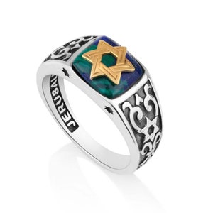 Silver Star of David Ring, Gold Plated Azurite Stone Ring, Jewish Jewelry, Religious Engraved Ring,  Male Ring