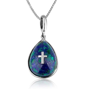 Azurite Stone Cross Silver Pendant Flawlessly Handmade Jewelry Holy Land Gift New with a Chain Made of 925 Sterling Silver Holy Land