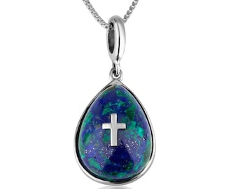 Azurite Stone Cross Silver Pendant Flawlessly Handmade Jewelry Holy Land Gift New with a Chain Made of 925 Sterling Silver Holy Land
