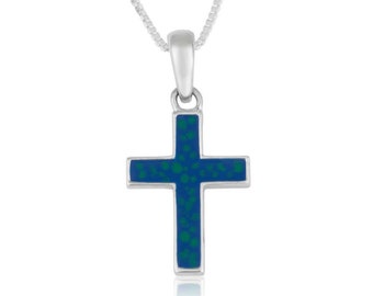 Silver Cross Pendant, Eilat Stone Pendant, Azurite Stone, 925 Sterling Silver, Cross Pendant Necklace, Silver Chains, Israel Jewelry Gift