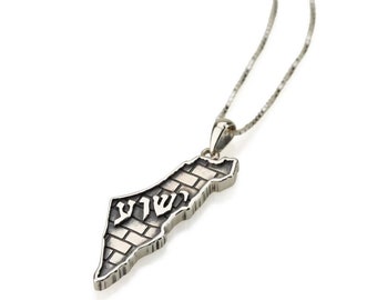 Silber Israel Anhänger Karte, 925 Sterling Silber Israel Schmuck, jüdische Halskette, hebräisch gravierter Anhänger, Silberketten