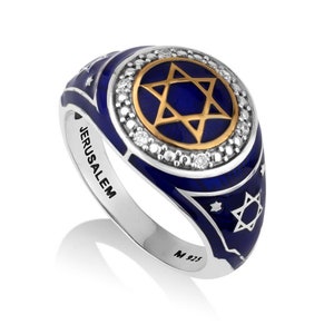 Star of David Ring, Sterling Silver Rings, Gold Plated Ring, Jewish Engraved Ring, Enamel Signet, Jewish Jewelry