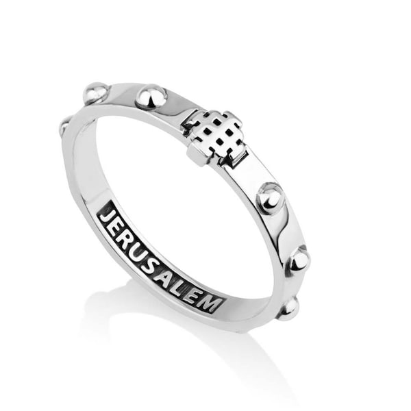 Rosary Ring Jerusalem Cross Engraved Holy Land Polished Silver Sterling Jewelry