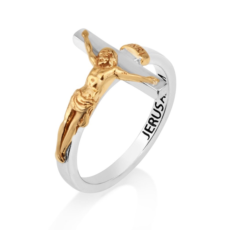 Gold Plated Crucifix Silver Ring Jerusalem Engraved Polished Holy Land Jewelry 