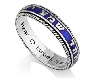 Silver Israel Hebrew Ring, Sterling Silver Ring, Blue Enamel Jewelry Ring, Signet Silver Ring, Engraved Ring, Israel Jewelry Gift