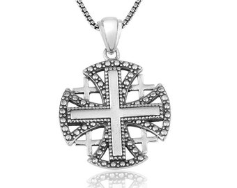 Jerusalem Cross Silver Pendant, 925 Sterling Silver Beaded Border, Engraved Christian Pendant, Cross Silver Chains, Jerusalem Jewelry Gift