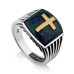 Jerusalem  Eilat Silver Ring, Gold Plated Cross, Mens Rings Silver, Religious Jewelry, Engraved Rings