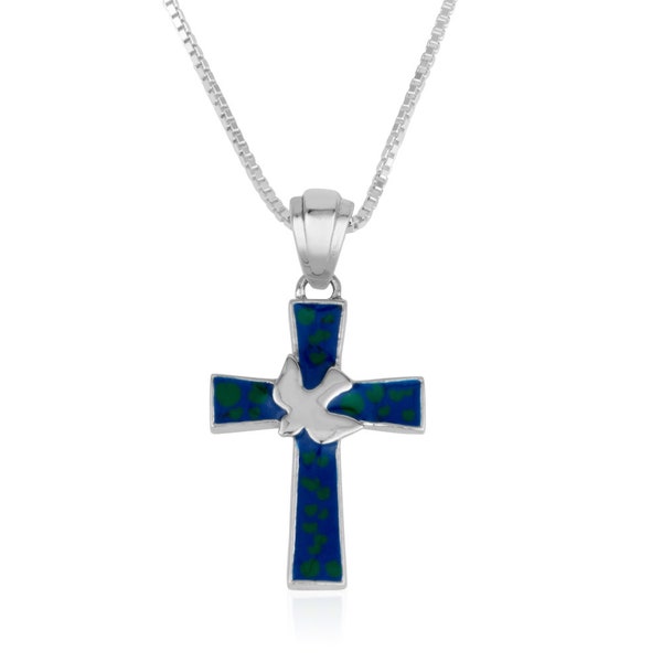 Pendentif en argent élégant vert et bleu avec une croix et une colombe.