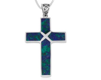 Azurite Stone Cross, 925 Sterling SIlver Pendant, Christian Jewelry, Cross Necklace, Holy Land.